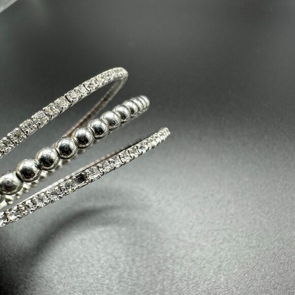 Rhinestone Cuff Bracelet Set Silver Tone Stretch Bling Statement 2pc Formal - Picture 8 of 12